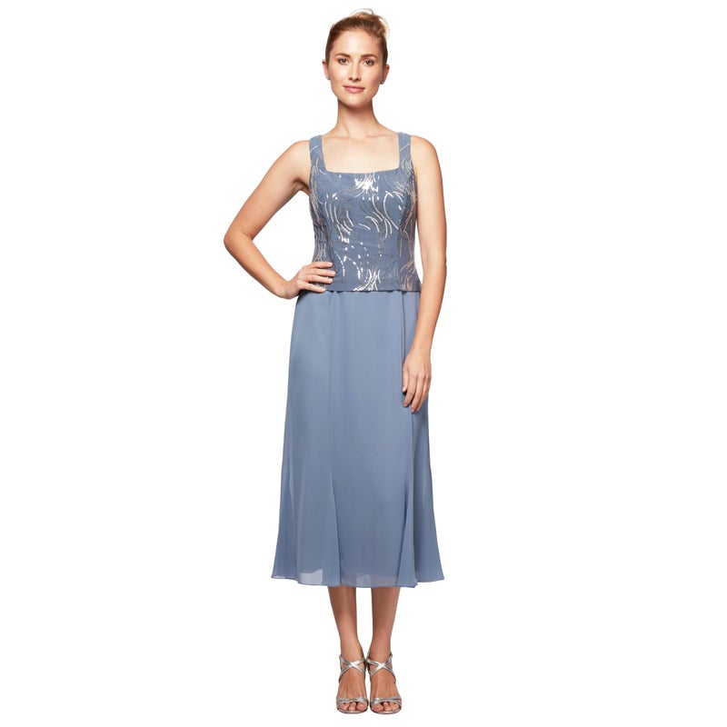 Alex Evenings Women's Tea Length Mock Jacket Dress with Button Front, Steel Blue, 14P - Image 2
